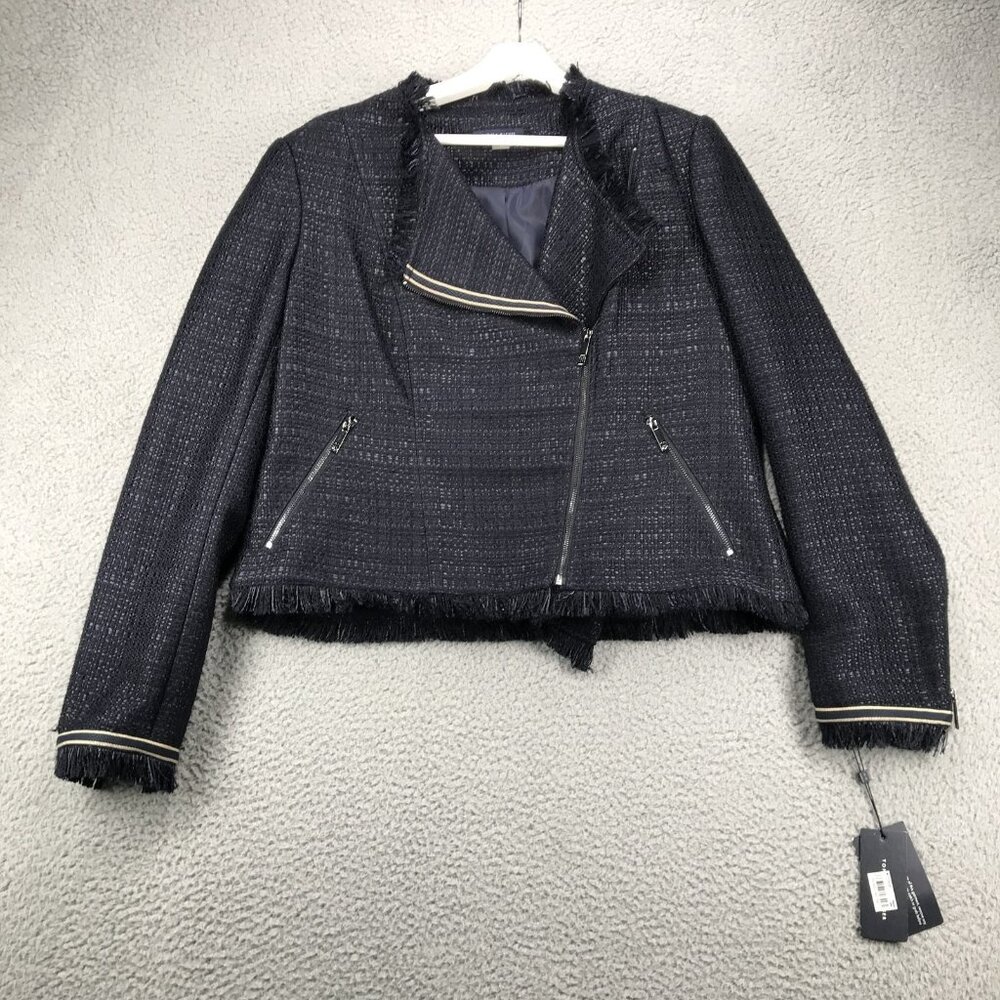 TOMMY HILFIGER Jacket Size 14 Navy Blue Fringe Woven Knit Tweed‎ Moto Style NEW